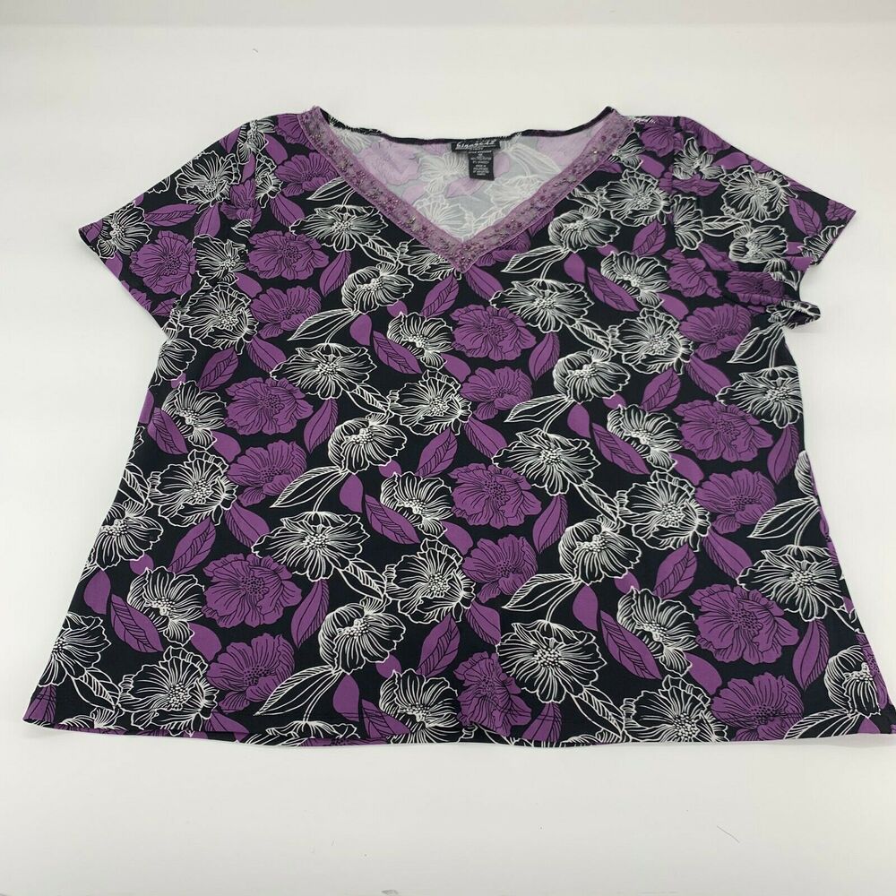 Biyaycda Womens Shirt Top Floral Purple V-Neck Short Sleeve Sz 1X